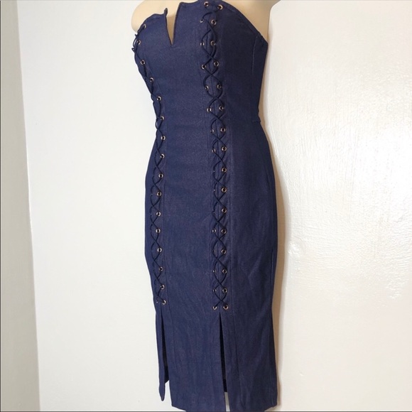 Entry dark wash “denim” lace up bodycon dress S - Picture 4 of 7